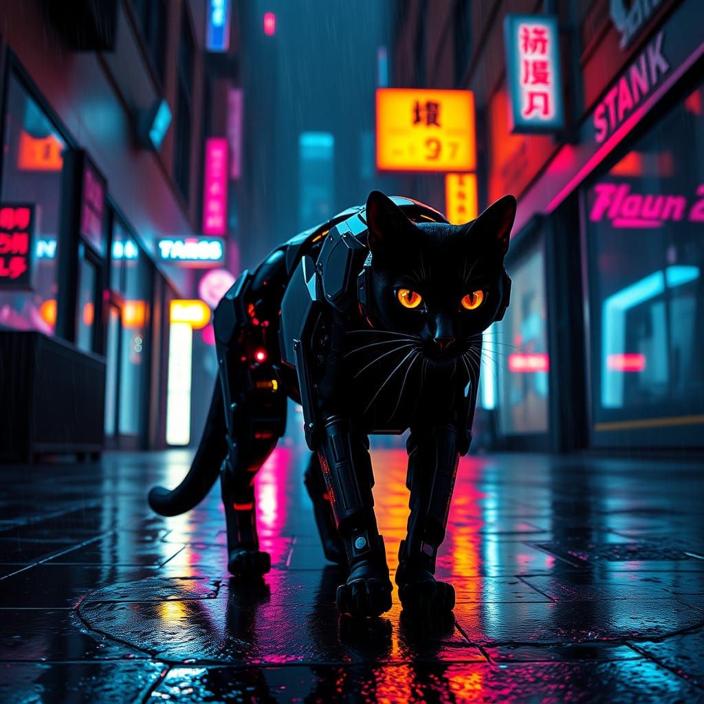 Futuristic Feline Robot Wandering Rainy Neon Alley