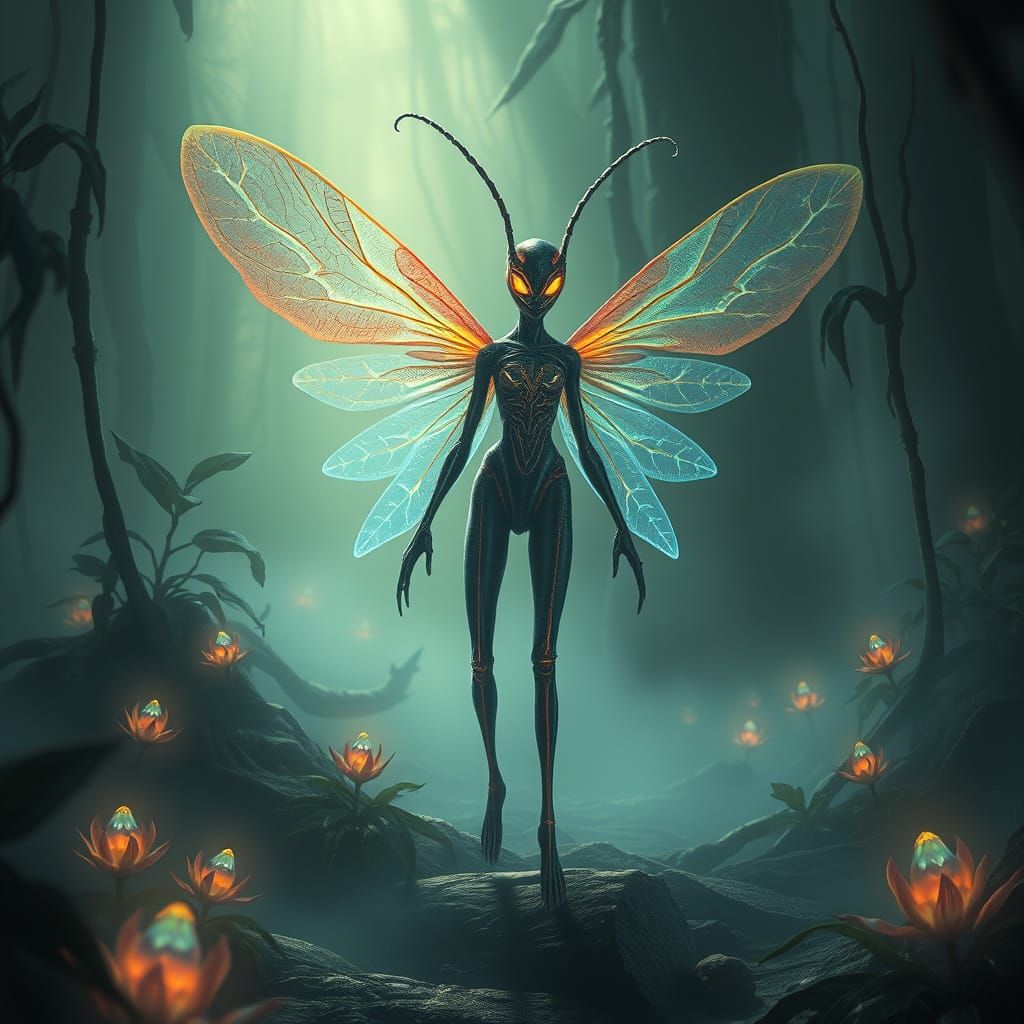 Bioluminescent Insectoid Alien Woman in Alien Jungle
