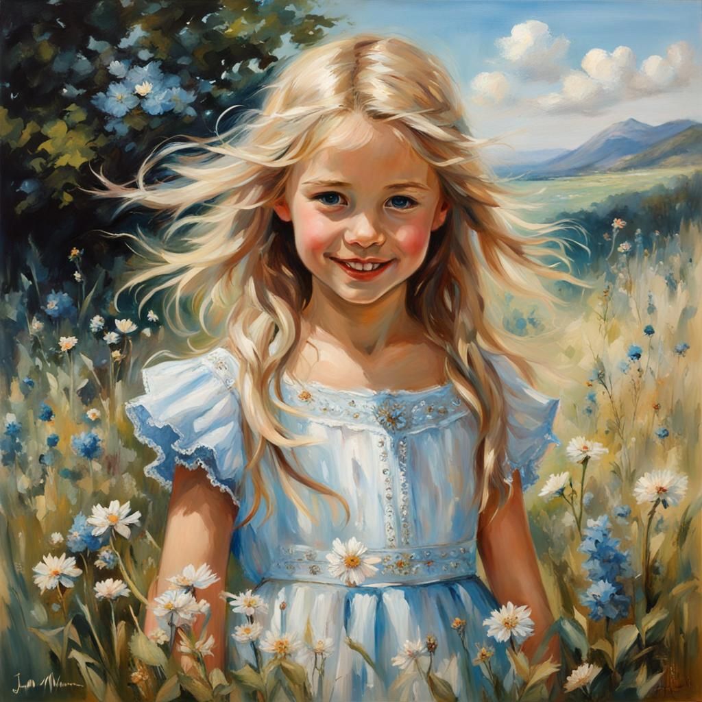 Pretty Girl Smiling in Summer Meadow Oil Painting