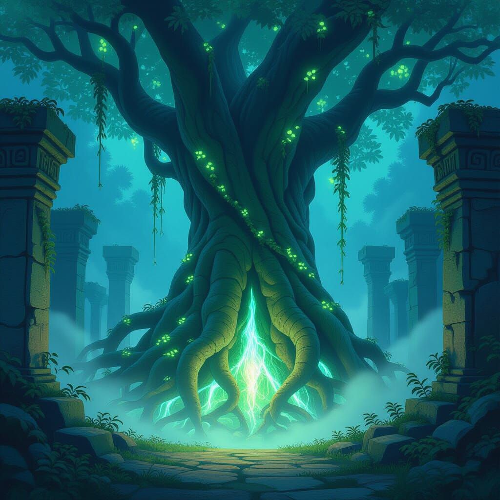 Ancient Bioluminescent Tree in Forgotten Temple