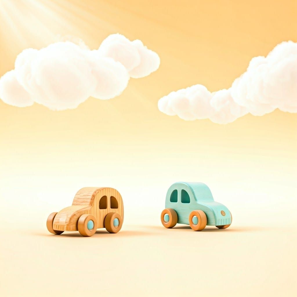 Pastel Wooden Toy Cars in Dreamlike Sunlight