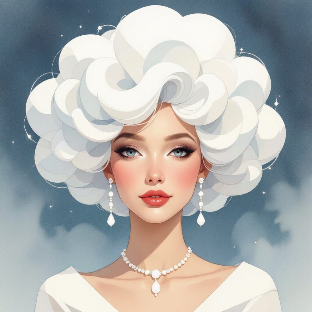 Woman with Snow Cloud Hairstyle in Watercolor Style