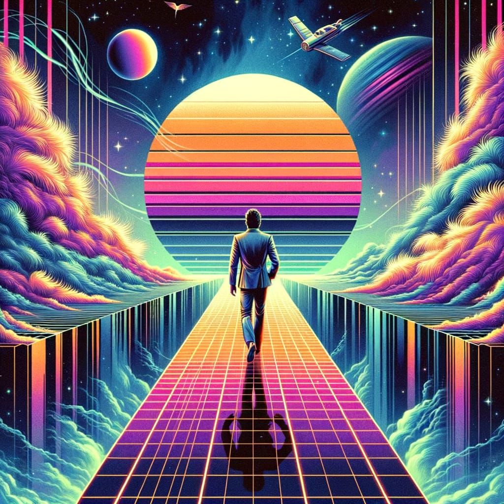 Man Walks in Vaporwave Space Abyss