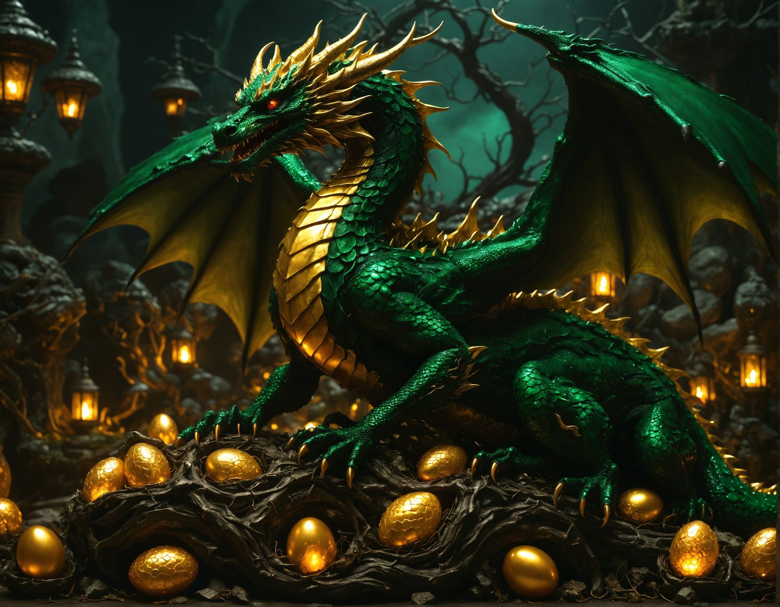 Majestic Golden Dragon Guarding a Nest of Dragon Eggs
