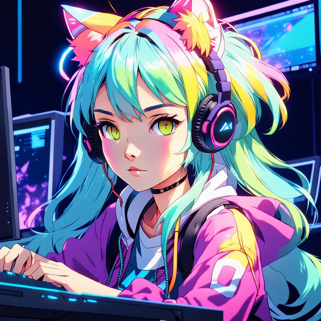 Anime Girl with Cat Ears in Digital Painting Style