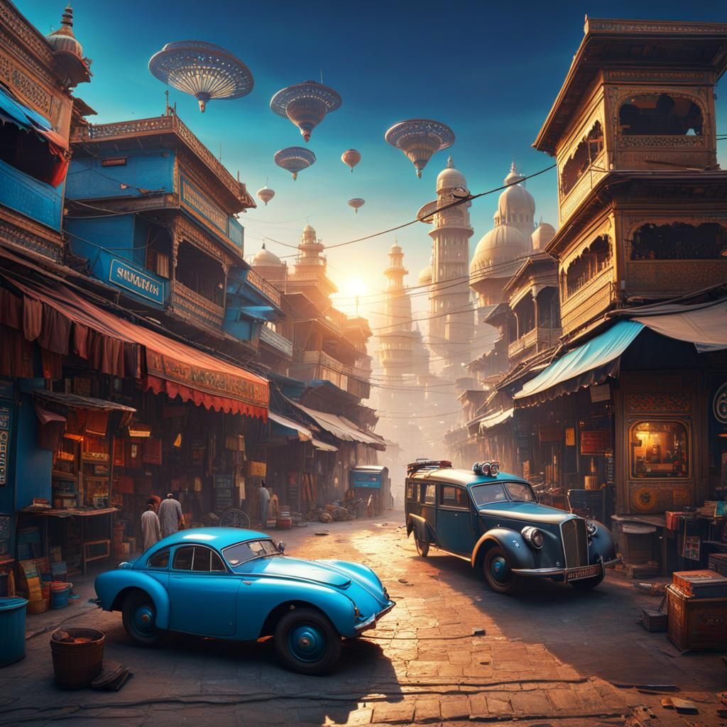 Futuristic Lahore Pakistan with Flying Cars in Blue