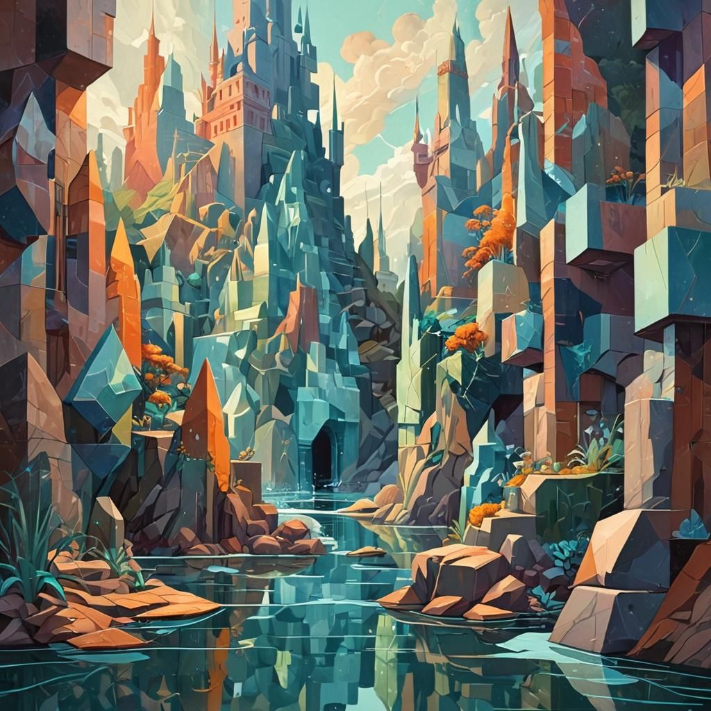 Cubist Fantasy Realm in Digital Art Style