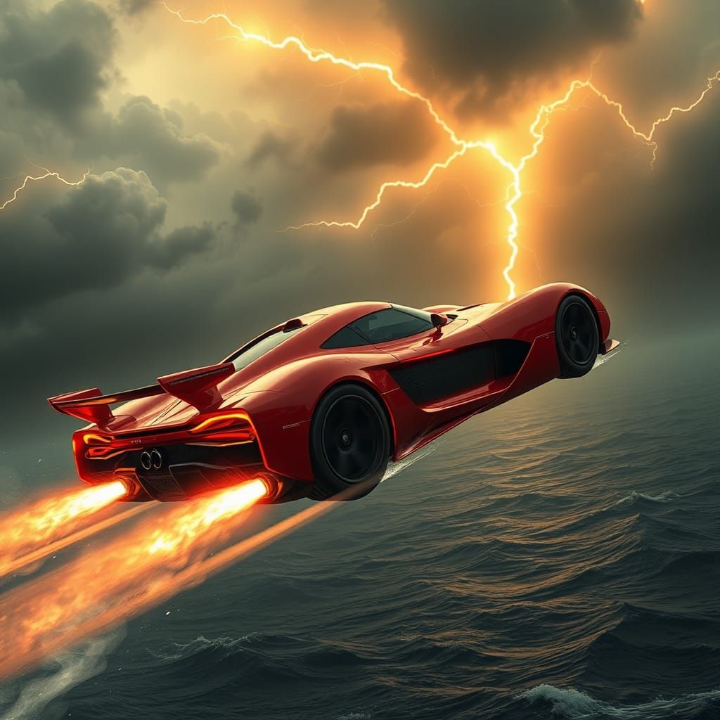 Red Sports Car Soars Above Stormy Ocean