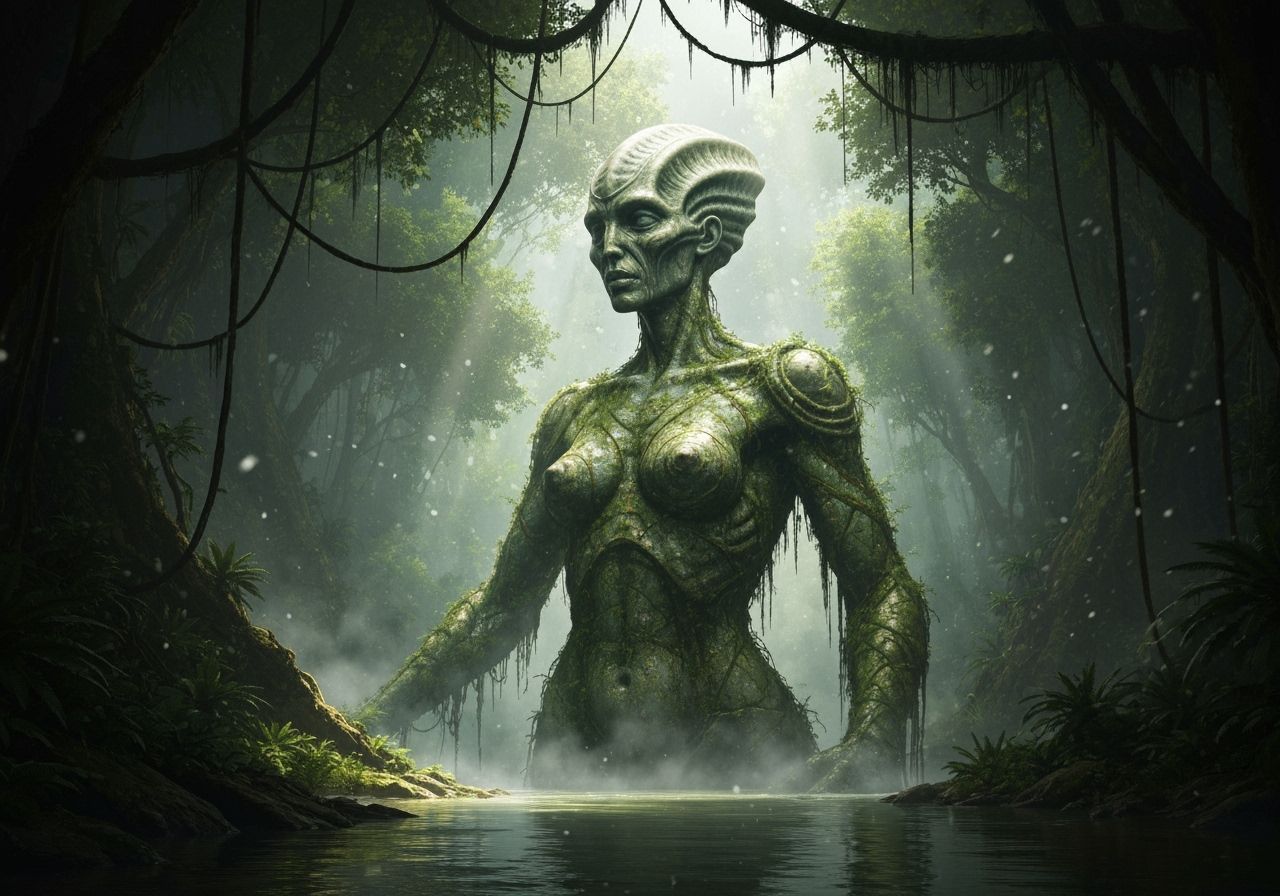 Ancient Alien Statue in Sun-Dappled Jungle River