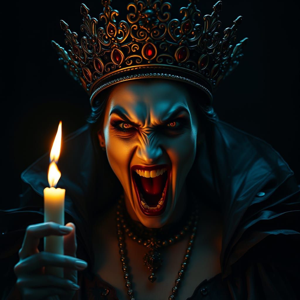 Gothic Vampire Queen Reigns in Terror with Flickering Candle