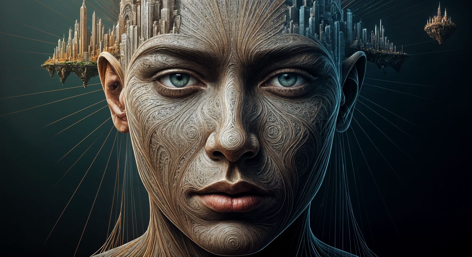 Surreal String Face Portrait of a Vibrant Cityscape