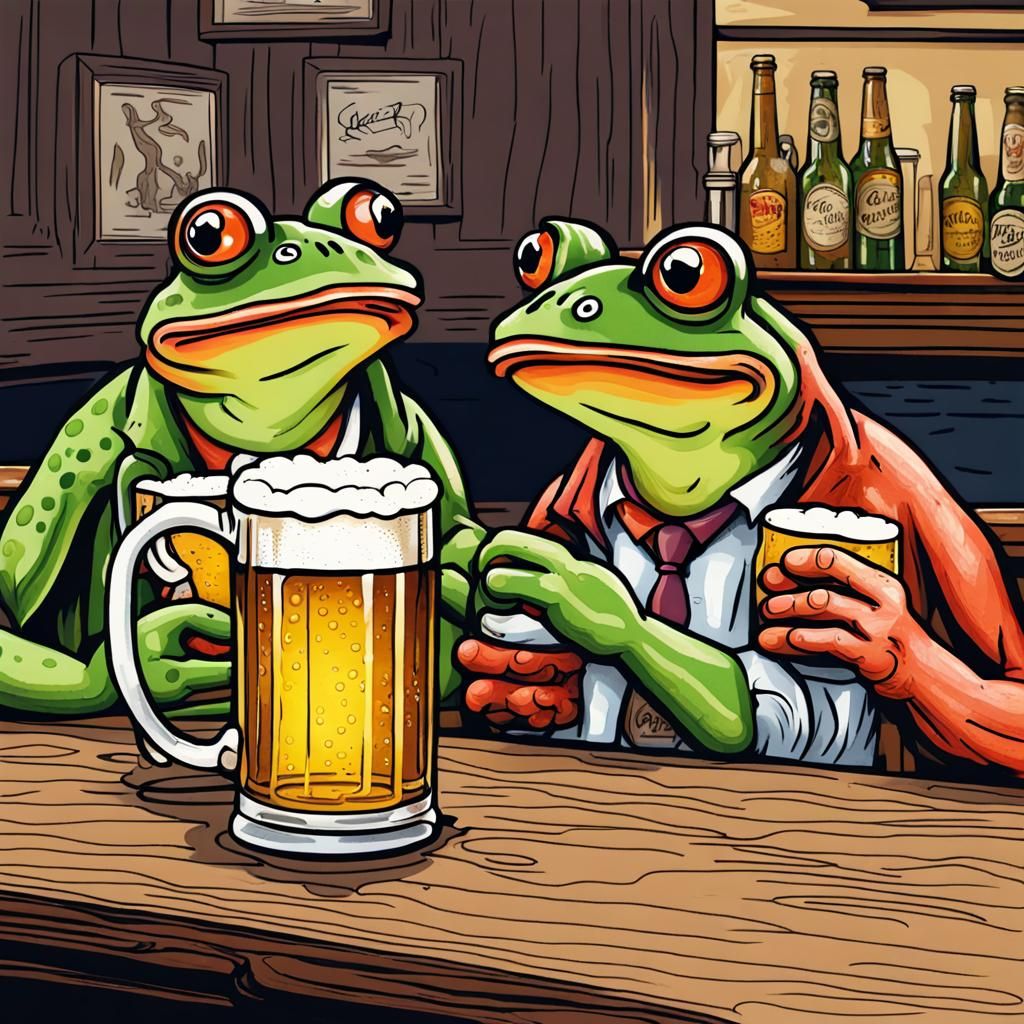Frogs Share a Beer in English Pub