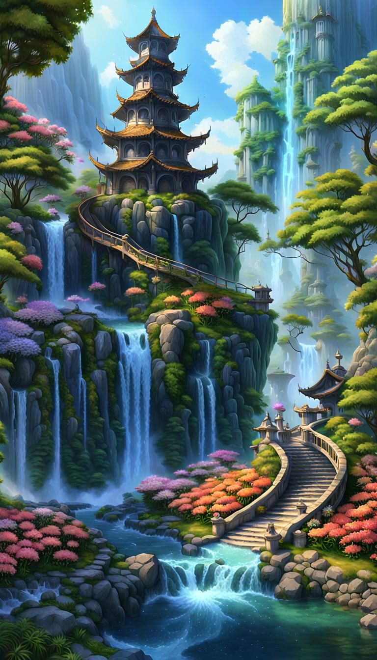 Wide waterfall with a mystic Asian fantasy starcraft tower o...