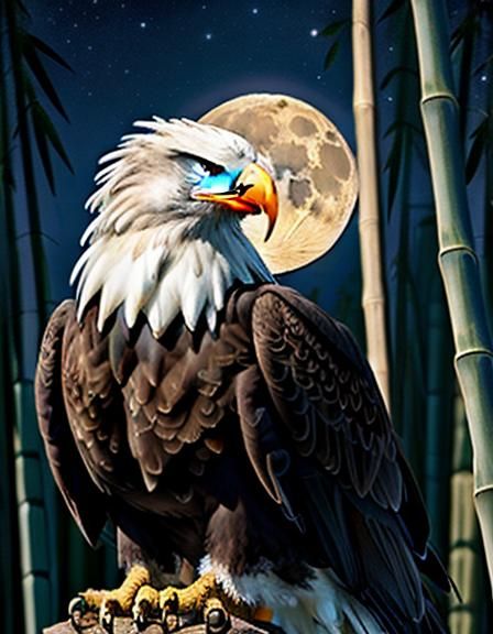 Bald Eagle Under Full Moon: Impasto Hyperrealism