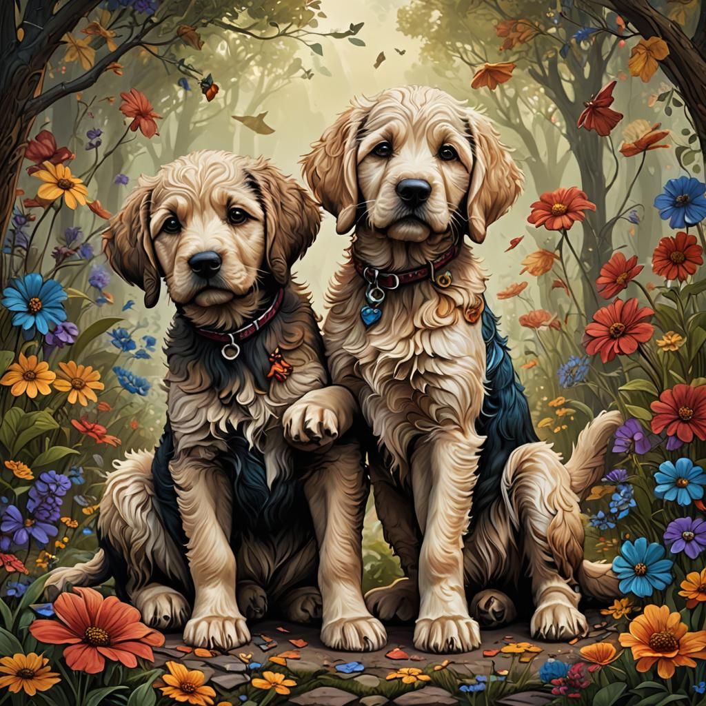Two Girls and a Two-Headed Puppy: Fantasy Art