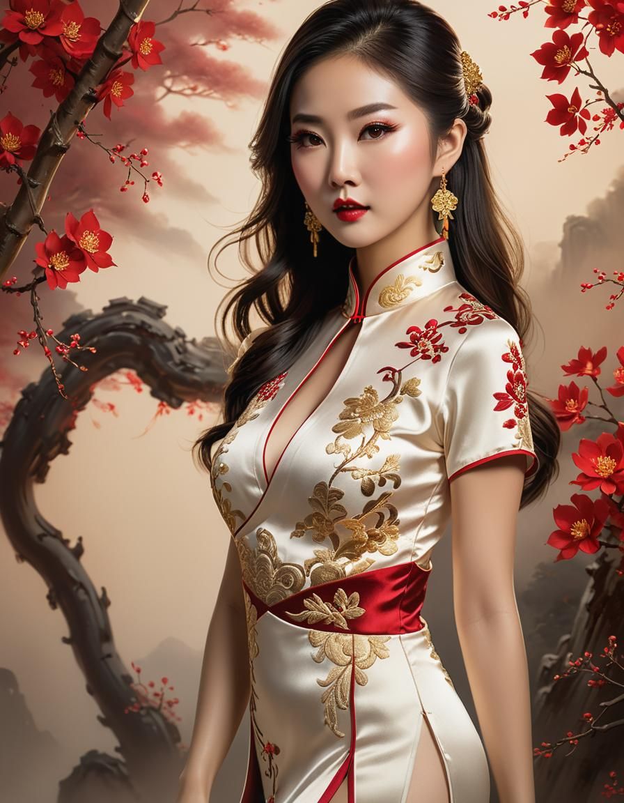 Asian Woman in Cheongsam, Digital Art Portrait