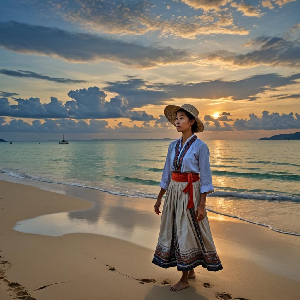 Woman in Traditional Dress at Phuket Sunset