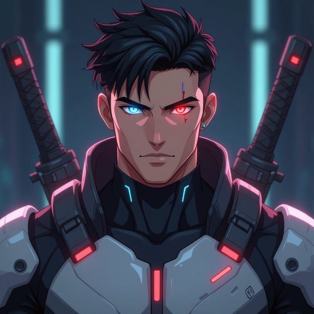 Anime-Style Muscular Man with Heterochromatic Eyes