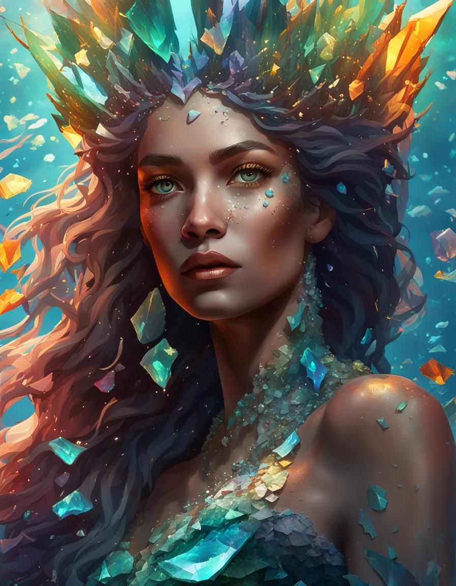 Colorful Glass Mermaid Queen Portrait in Graffiti Style
