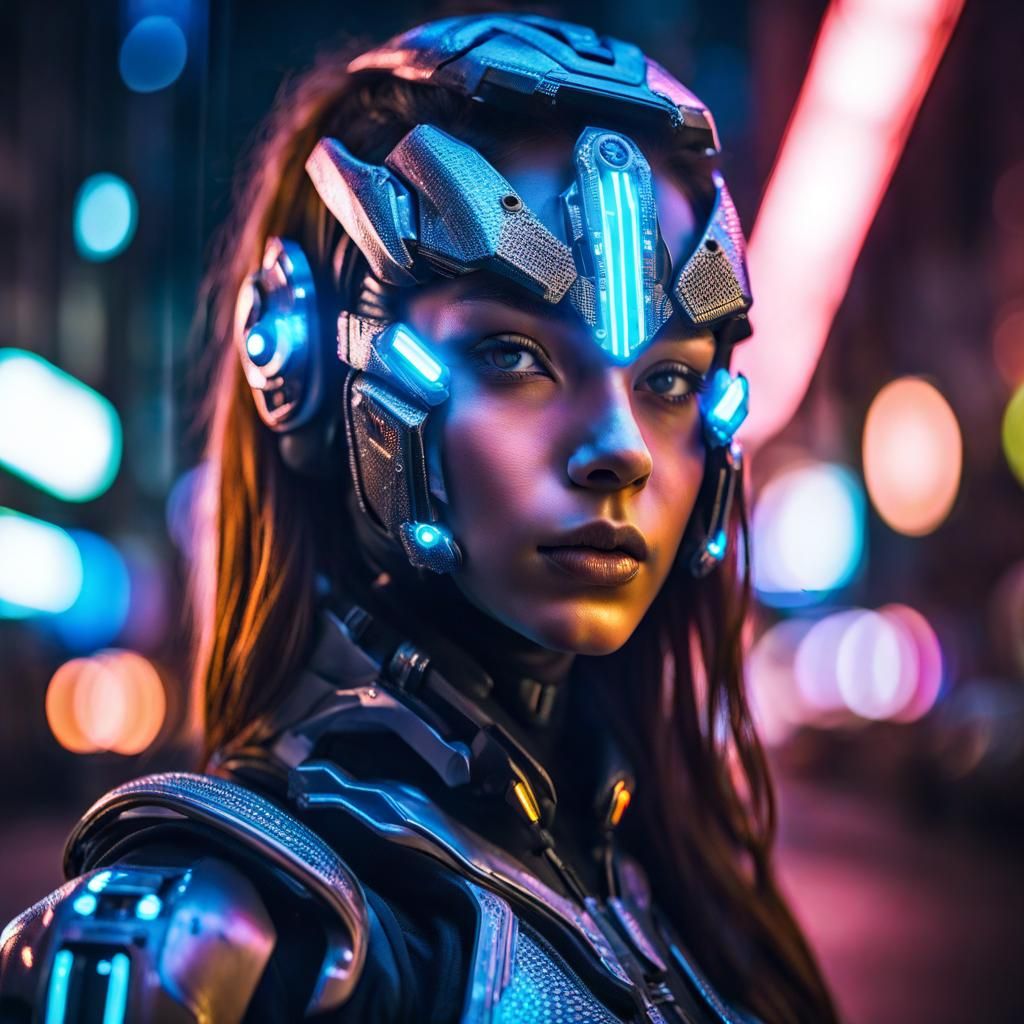 Cyborg Girl in Neon City: Hyperrealistic Portrait