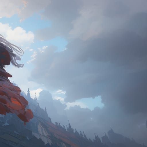 Orange and Teal Clouds in Art Nouveau Style