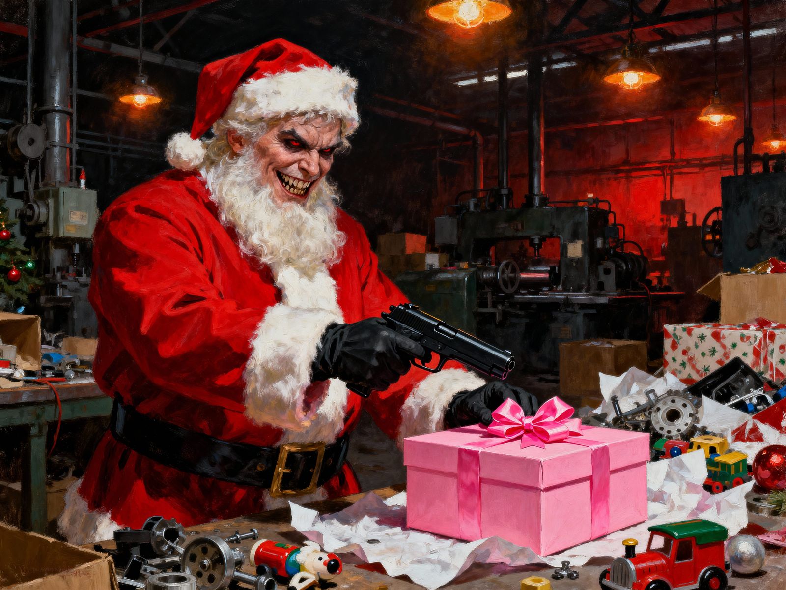 Evil Santa Claus Prepares a Gun Gift in Christmas Factory