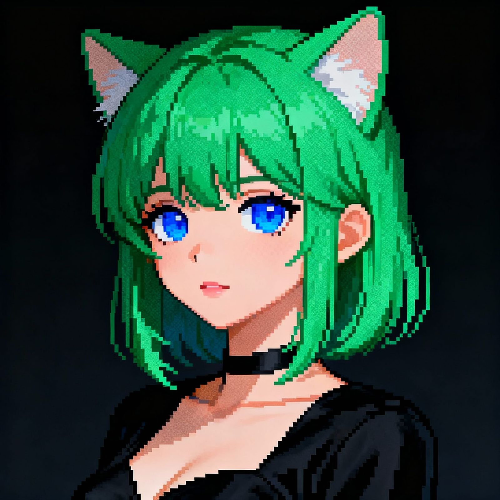 Kawaii Cat-Eared Woman in Black, 8-Bit Hyperrealism