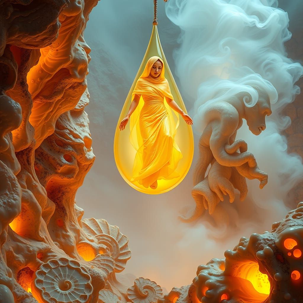 Honey Beekeeper in Amber Droplet, Surreal Optical Art