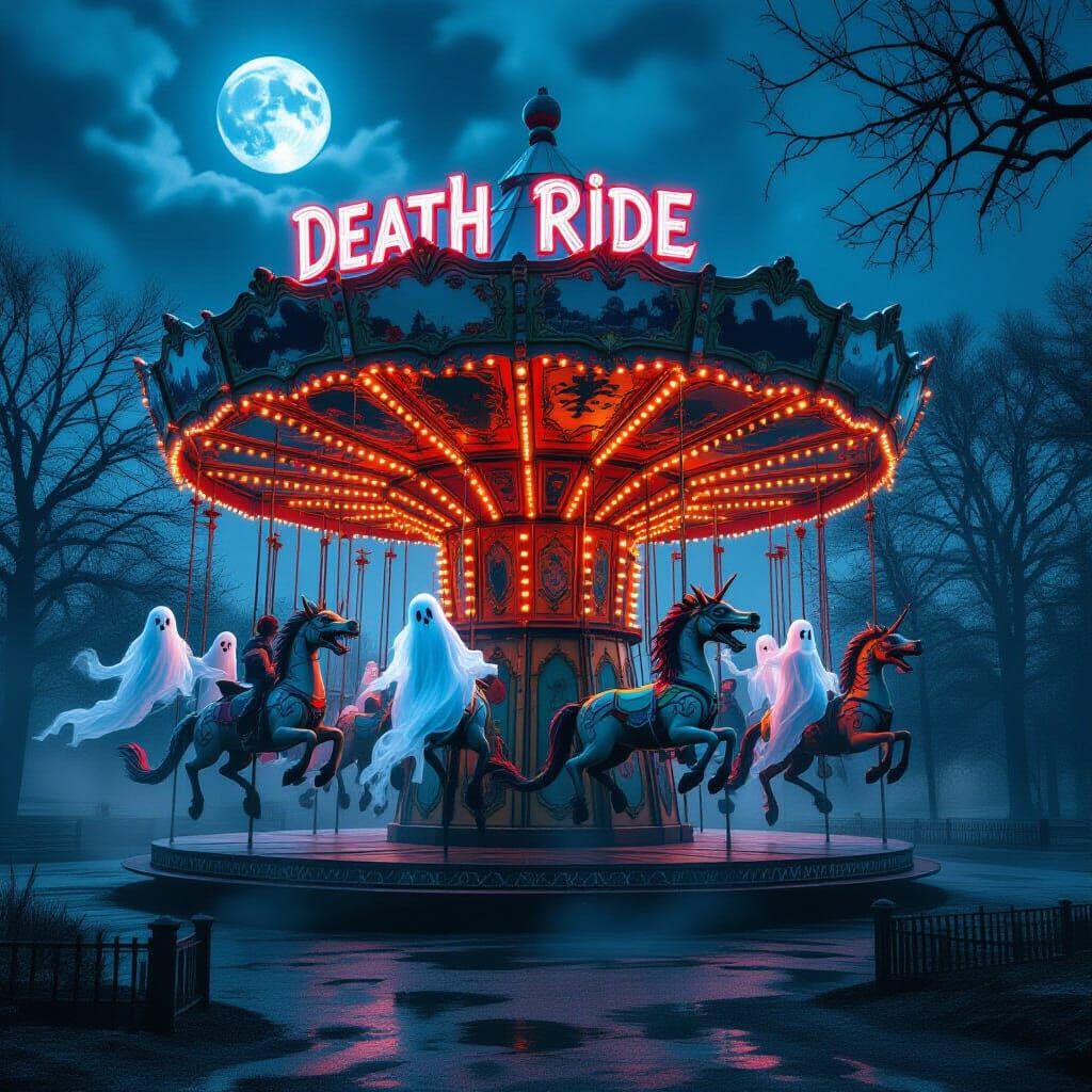 Spooky Carousel with Neon 'Death Ride' Sign