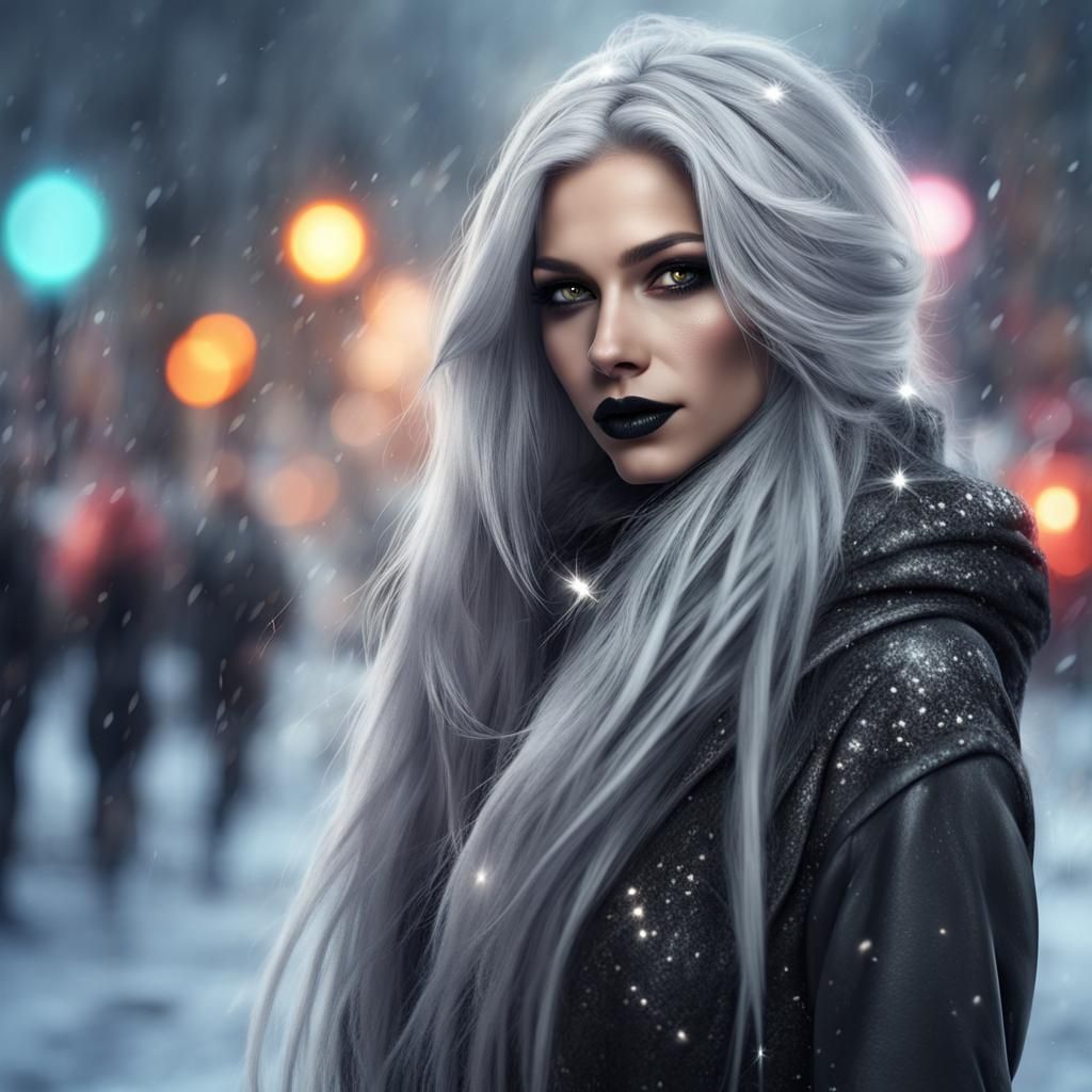 Punk Woman in Snowy City Street