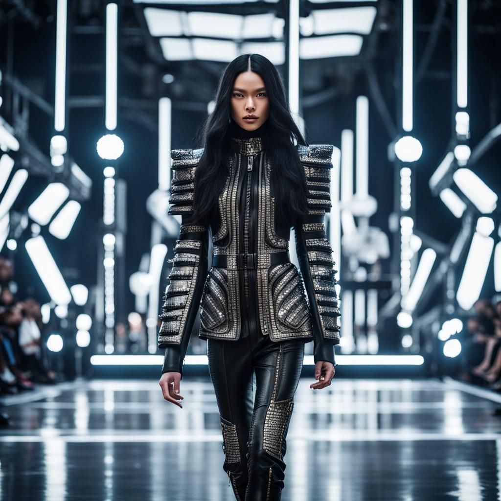 Futuristic Fashion Model on Catwalk in HDR