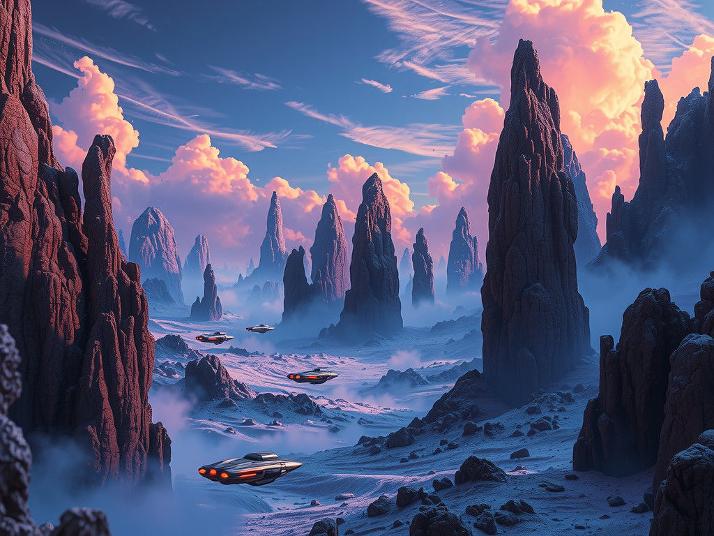 Otherworldly Alien Landscape with Abandoned Spaceships