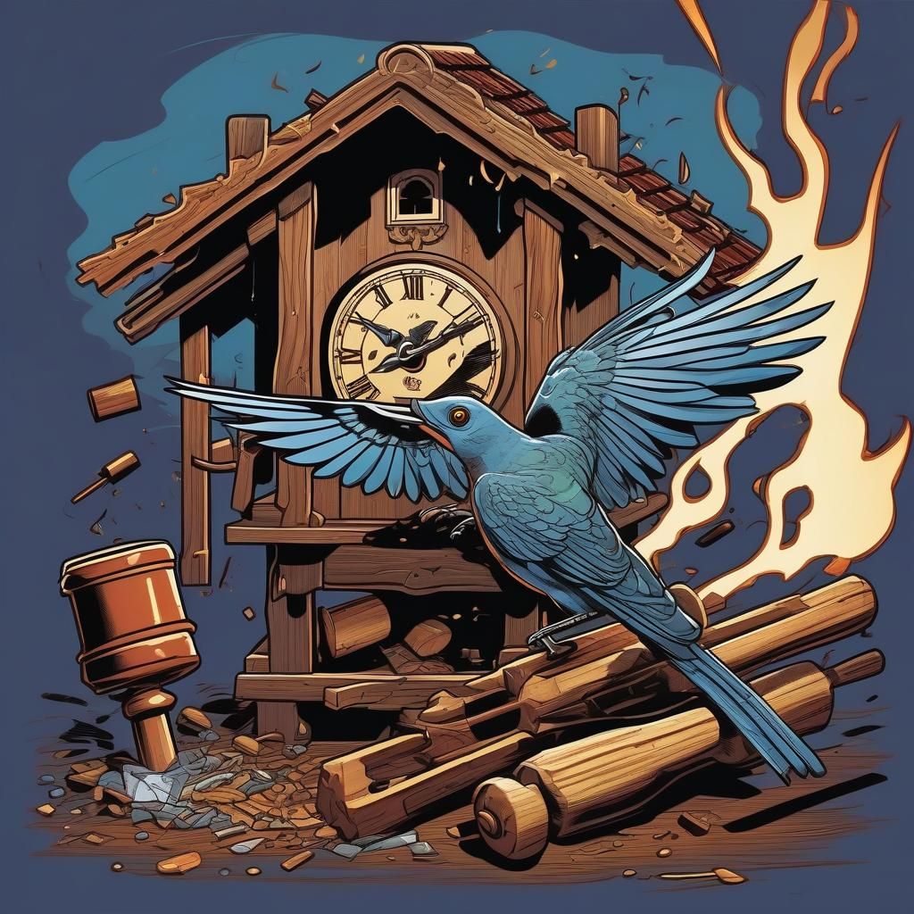 Cuckoo Bird Smashing Clock in Comic Book Style