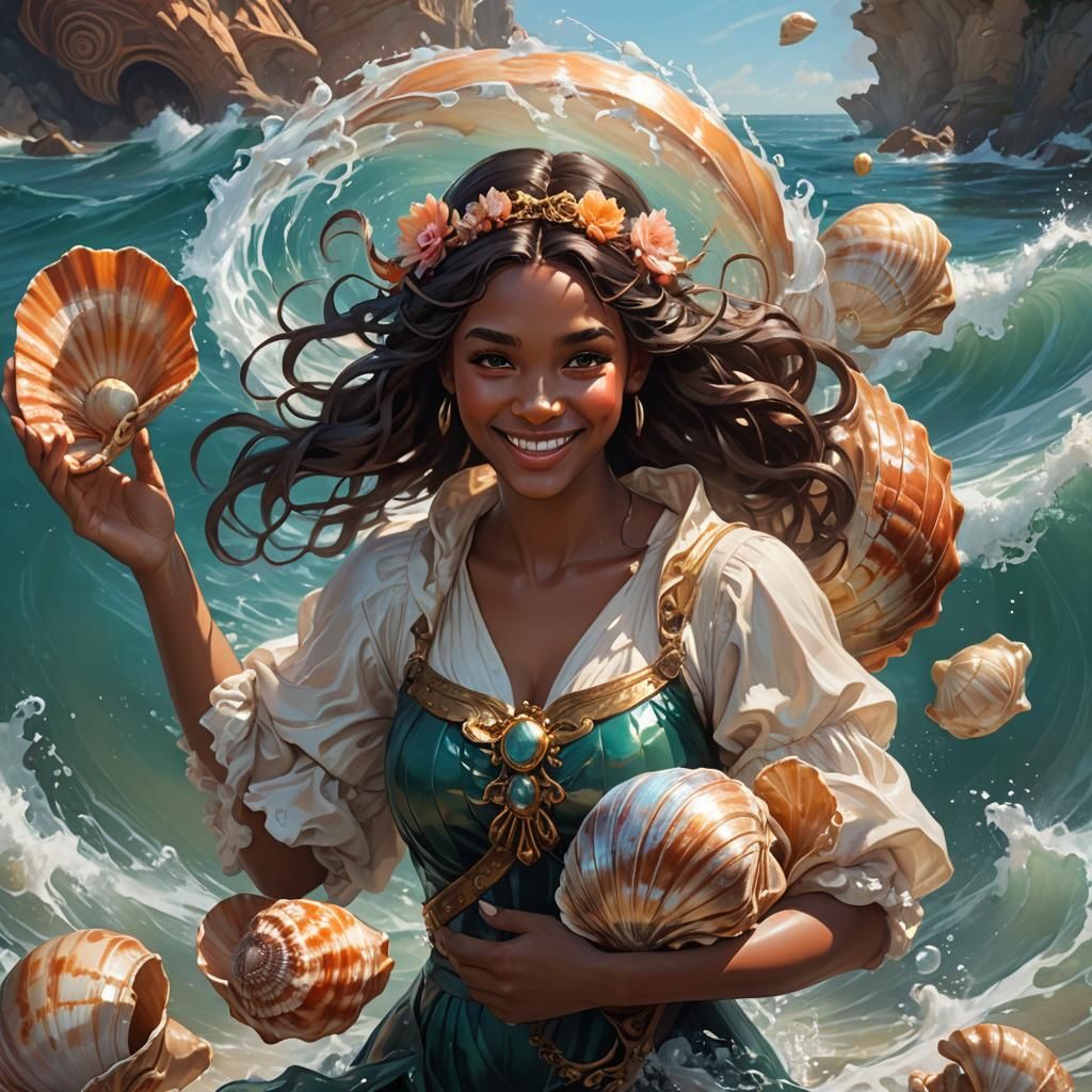 Girl Emerging from Sea with Shell: Art Nouveau Portrait