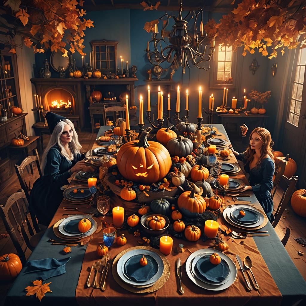 Halloween Thanksgiving Witch's Dinner in Cozy Dining Room