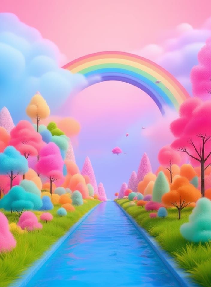 Surreal River Path Through Dreamlike Landscape in Neon Color...
