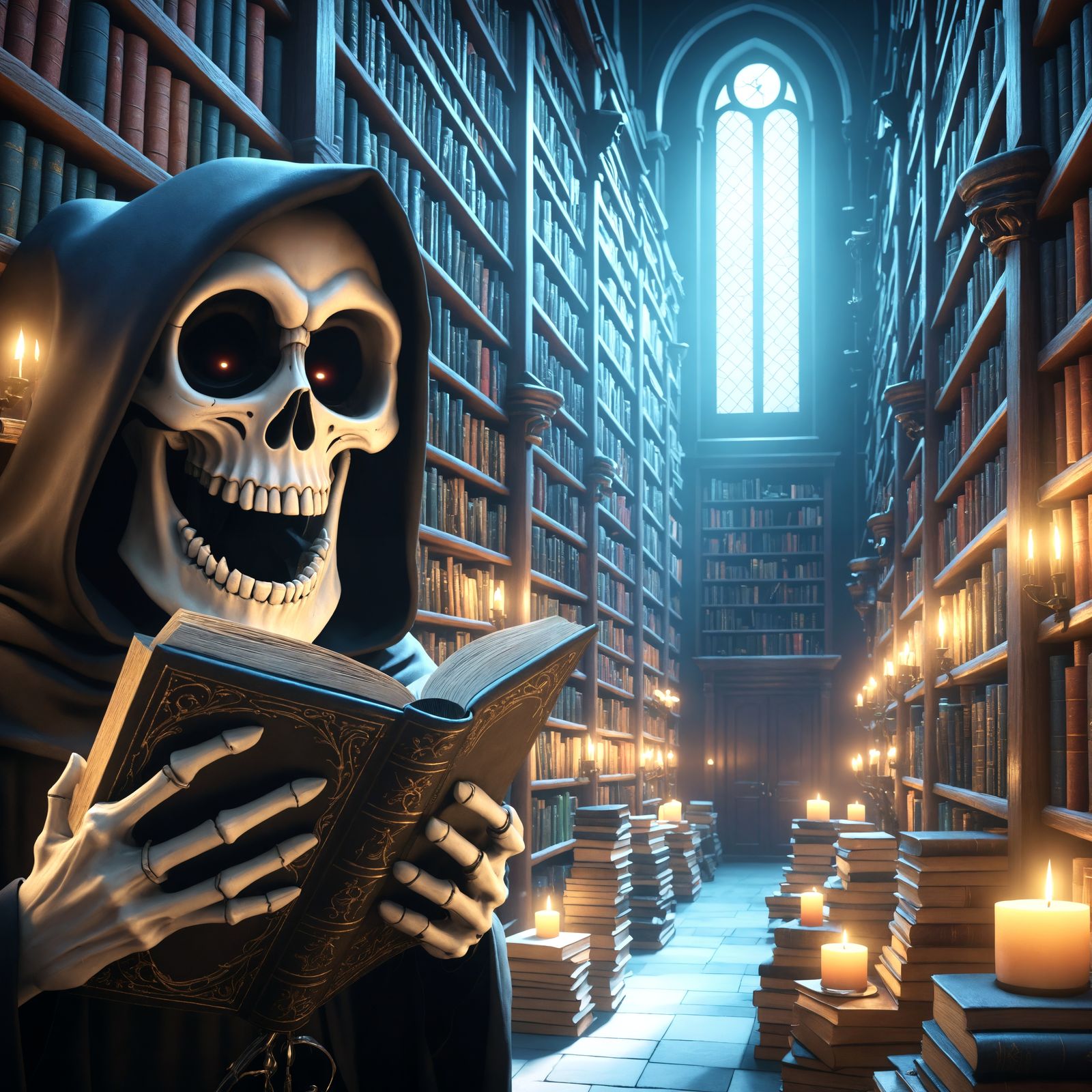 Joyful Grim Reaper Reading in Grand Library