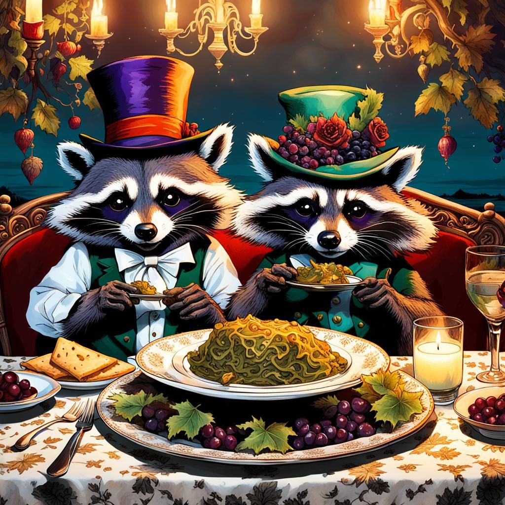 Raccoons in Hats Enjoy Armenian Meal
