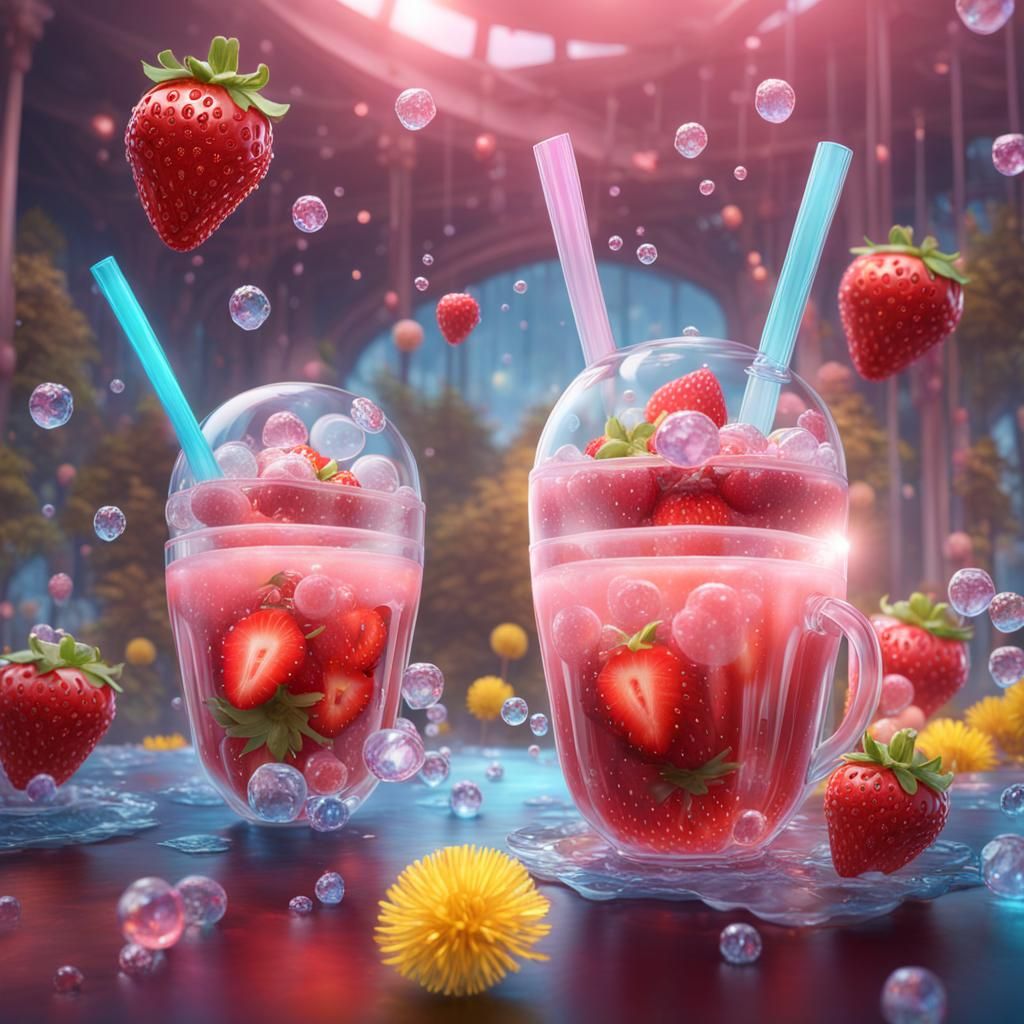 Strawberry Bubble Tea with Dandelions: Hyperrealistic Art