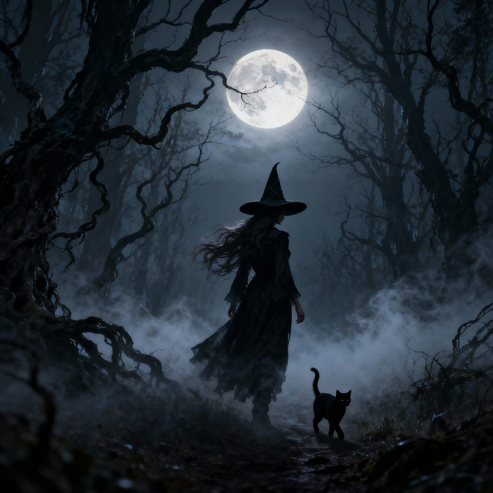 Witch Under Full Moon in Misty Forest