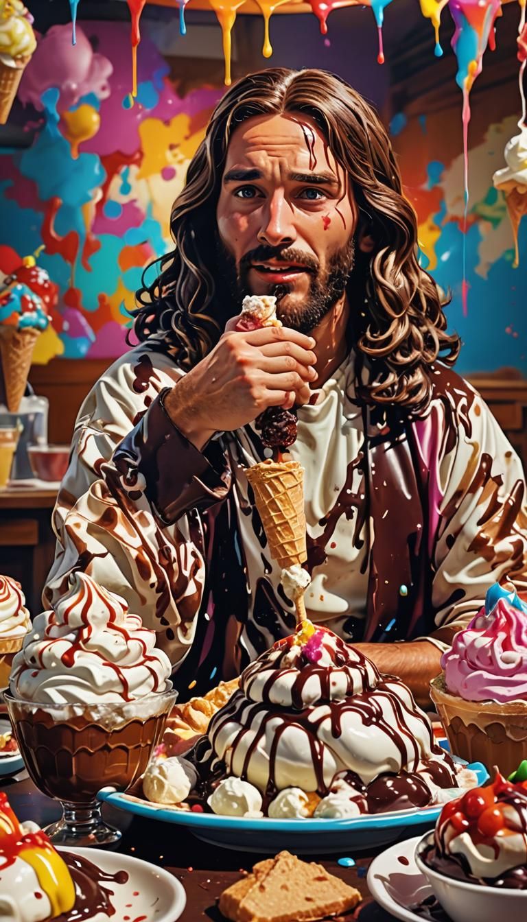 Jesus and the Giant Sundae in Cartoon Style