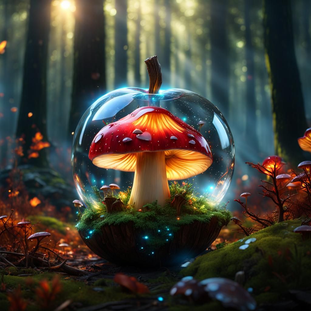 Shattered Crystal Apple in a Glowing Forest