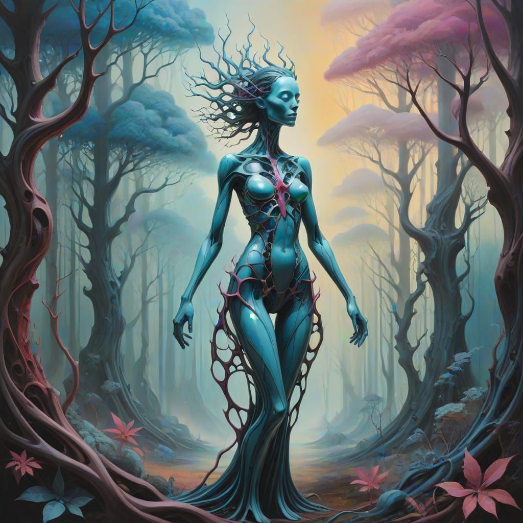 Ethereal Dreamscapes: Surrealistic Metal Goddess in Pastel H...