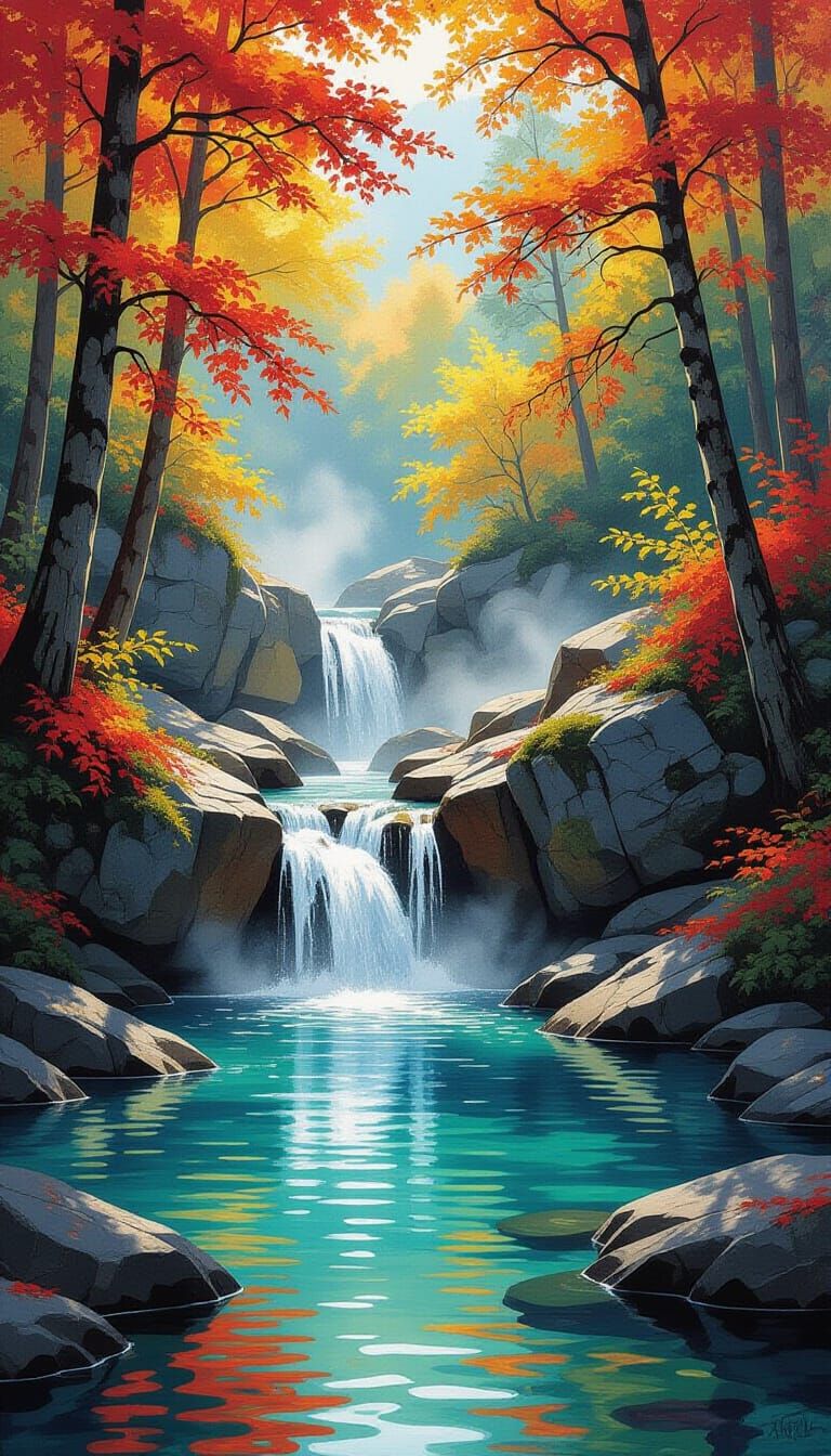 Autumn Forest Cascade with Fiery Foliage