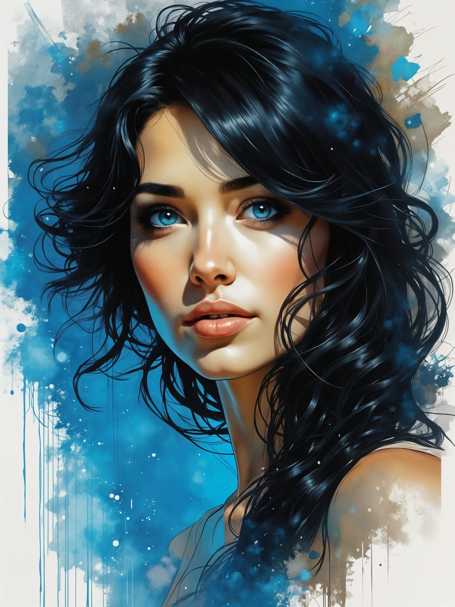 A Watercolour-Inspired Portrait of a Black-Haired Woman with...