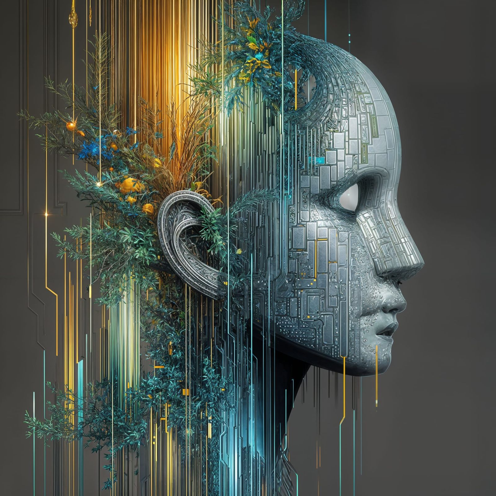 Peaceful Glitch Android Portrait in Digital Art Style