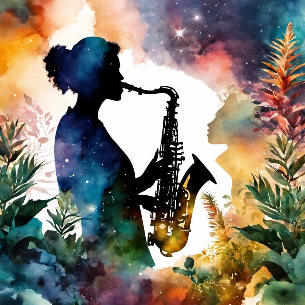 Saxophonist Silhouette in Watercolor Space Collage