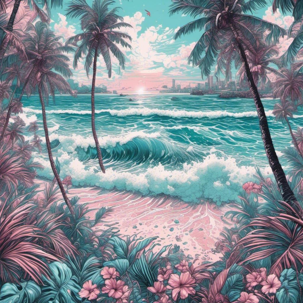 Tropical Beach Scene as Atmospheric Blue Pencil Drawing