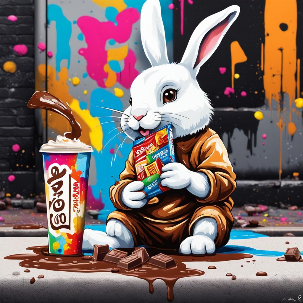 Cartoon Bunny Enjoys Chocolate in Graffiti Art