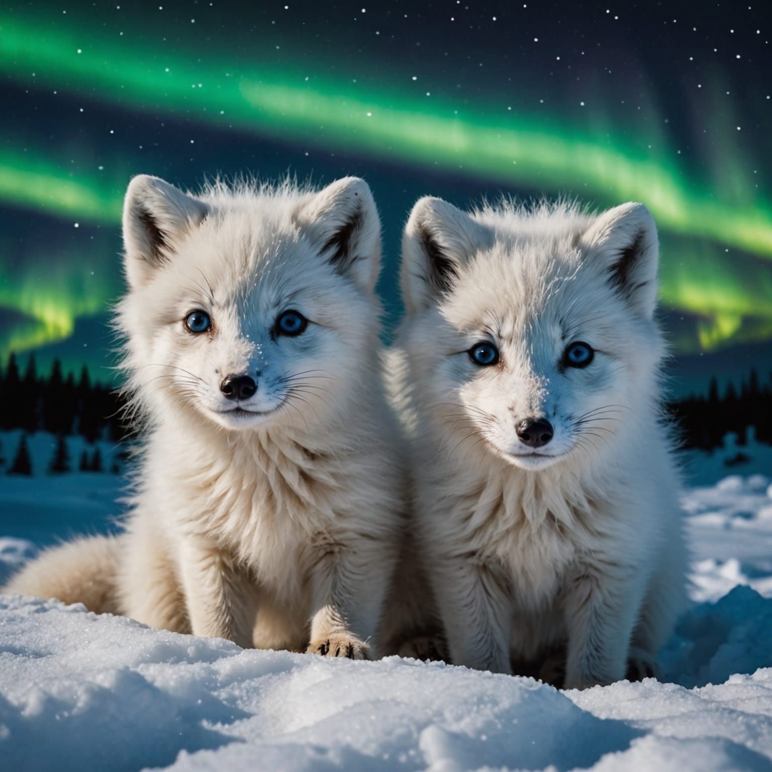 Arctic Fox Cubs Under Northern Lights